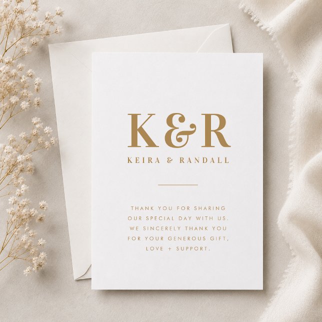Carte de Remerciements | Note de Gratitude de Mari (Gold monogram wedding thank you card with initials, names, and elegant gratitude wording.)