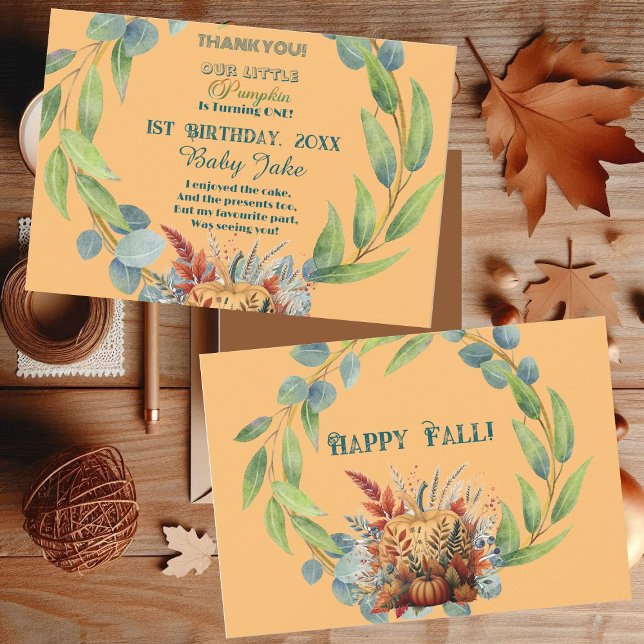 Carte De Remerciements Notre petit Citrouille 1er anniversaire Automne Wr (Our Little Pumpkin 1st Birthday Fall Wreath Orange Thank You Card)