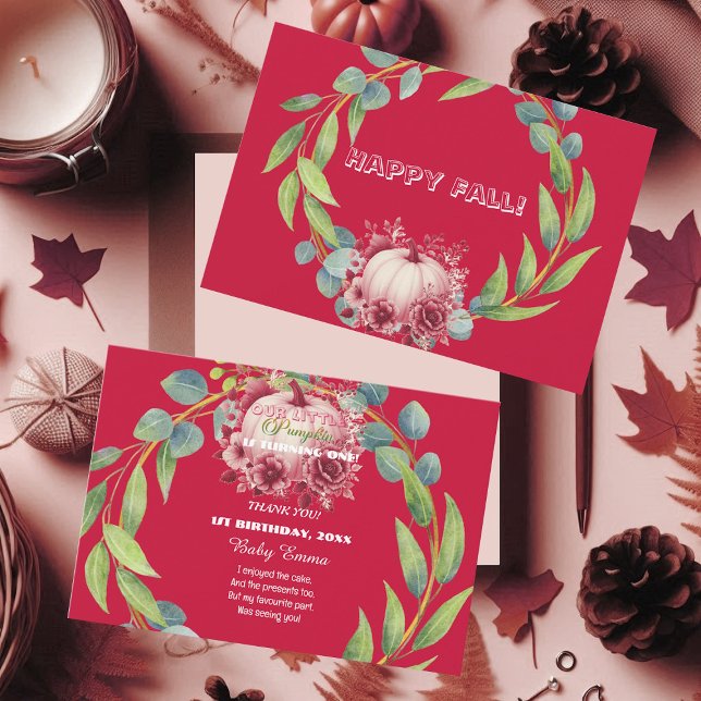 Carte De Remerciements Notre petit Citrouille 1er anniversaire Green Wrea (Our Little Pumpkin 1st Birthday Green Wreath Pink Thank You Card)