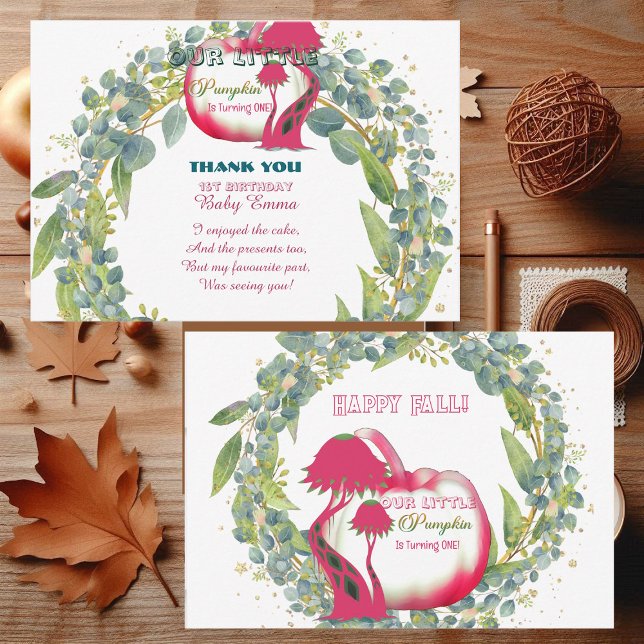 Carte De Remerciements Notre petit Citrouille rose 1er anniversaire couro (Our Little Pumpkin Pink 1st Birthday Green Wreath Thank You Card)