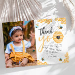 Carte De Remerciements Notre petit miel | Photo du premier anniversaire<br><div class="desc">C'est le premier anniversaire de votre petite abeille au miel - montrez votre appréciation avec ces cartes de remerciement douces et élégantes ! Faites-le plus spécial avec une photo de votre bumblebee cutie, moderne merci modèle, et des images boho d'abeilles, nid d'abeille, et ruches. merci à vos amis et à...</div>
