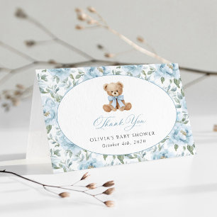 Carte De Remerciements Noun ours en peluche, Nœud papillon bleu, Fleurs b