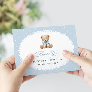 Carte De Remerciements Nounours, Arc, Points bleus, Premier Anniversaire