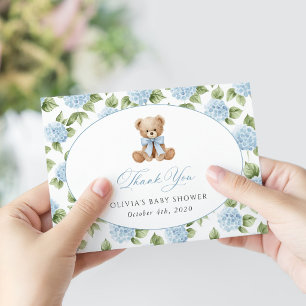 Carte De Remerciements Nounours en peluche, Nœud papillon bleu, Fleurs bl