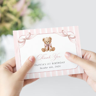 Carte De Remerciements Nounours en peluche, Nœud papillon rose, Rayures r
