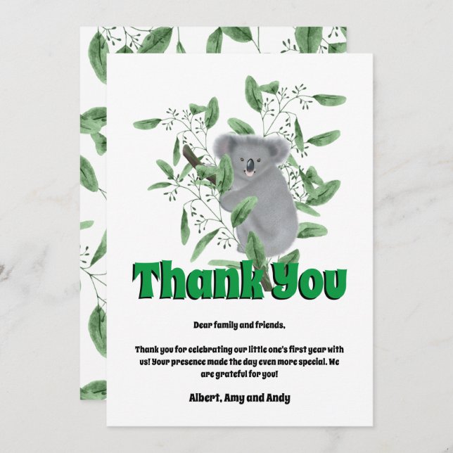 Carte De Remerciements Nounours Koala Grimpeur d'un Eucalyptus (Devant / Derrière)