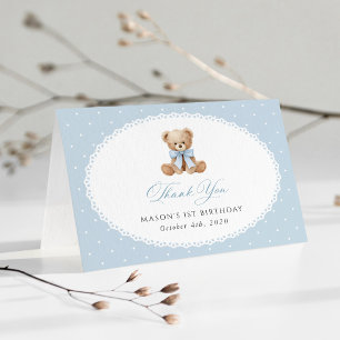 Carte De Remerciements Nounours, Nœud, Points bleus, Premier Anniversaire