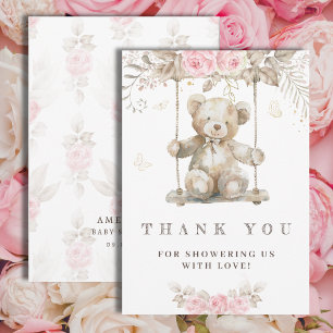 Carte De Remerciements Nounours Ours en peluche beige aquarelle Fleurs ro