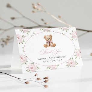 Carte De Remerciements Nounours ours en peluche, noeud rose, fleurs roses