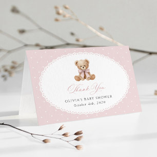 Carte De Remerciements Nounours rose à noeud papillon rose et à pois, Bab