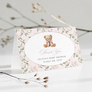 Carte De Remerciements Nounours rose, ruban rose, fleurs roses, Baby Show