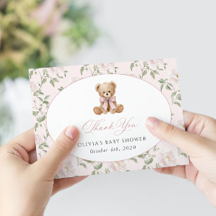 Carte De Remerciements Nounours rose, ruban rose, fleurs roses, Baby Show