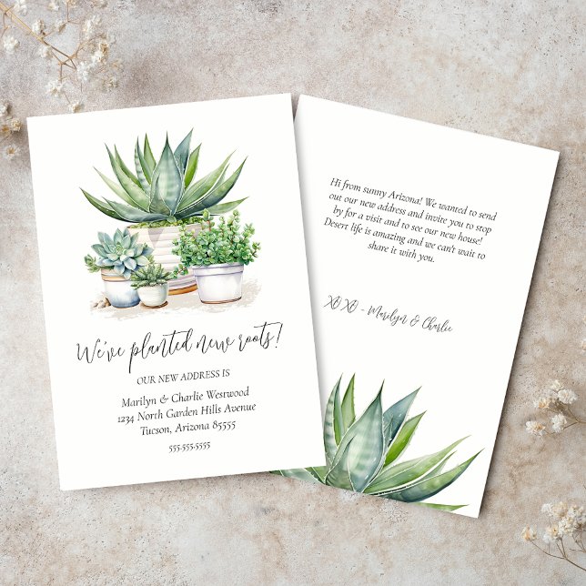 Carte De Remerciements Nous Avons Planté De Nouvelles Racines Nous Avons  (simple elegant minimalist we planted new roots change of address note cards with potted succulents)