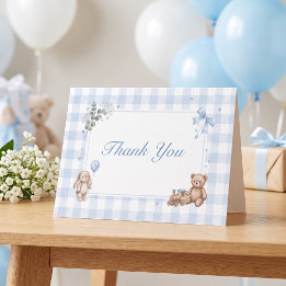 Carte De Remerciements Nous pouvons à peine attendre Ourson en vichy bleu