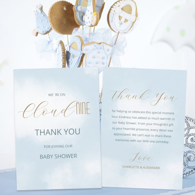 Carte De Remerciements Nous sommes sur Cloud 9 Elegant Script Baby shower (We´re on Cloud 9 Elegant Script Blue Baby Shower Thank You Card ©Susanne Sachers - Sunny Mind 🌞)