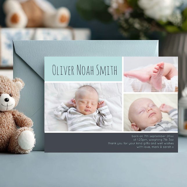 Carte De Remerciements Nouveau bébé faire-part/carte de remerciements (Capture every sweet detail 💙 A modern photo collage birth announcement to celebrate your little one)