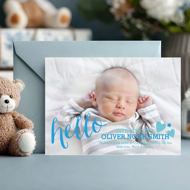 Carte De Remerciements Nouveau bébé faire-part/carte de remerciements (Hello, little one 💙 Share your joy with this charming blue photo birth announcement card.)