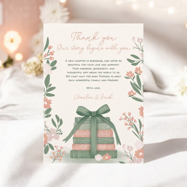 Carte De Remerciements Nouveau chapitre Livres Whimsical Sage Baby shower (New Chapter Books Whimsical Sage green Baby Shower Thank You Card)