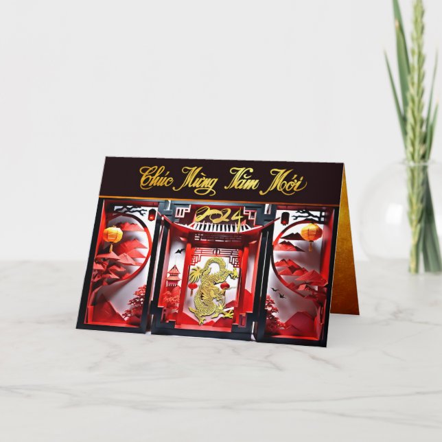 Carte De Remerciements Nouvel An du dragon vietnamien 2024 Origami GC (Devant)
