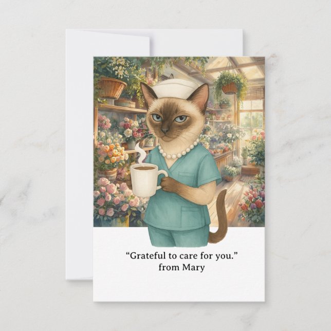 Carte De Remerciements Nurse boit du café devant le fleuriste shop (Devant)