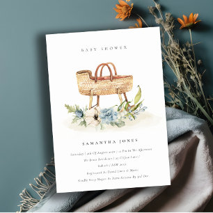 Carte De Remerciements Nursery Blue Floral Bassinet Baby shower Invitatio
