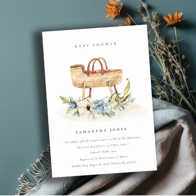 Carte De Remerciements Nursery Blue Floral Bassinet Baby shower Invitatio (Créateur téléchargé)