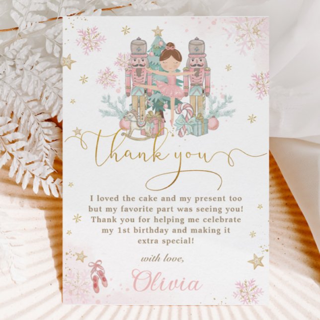 Carte De Remerciements Nutcracker Winter Onederland 1er anniversaire (pink-sweet-pastel-the-nutcracker-ballet-winter-onederland-wonderland-1st-birthday-party-thank-you)