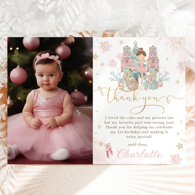 Carte De Remerciements Nutcracker Winter Onederland 1er anniversaire Phot (pastel-pink-the-nutcracker-ballet-winter-onederland-wonderland-1st-birthday-party-photo-thank-you)