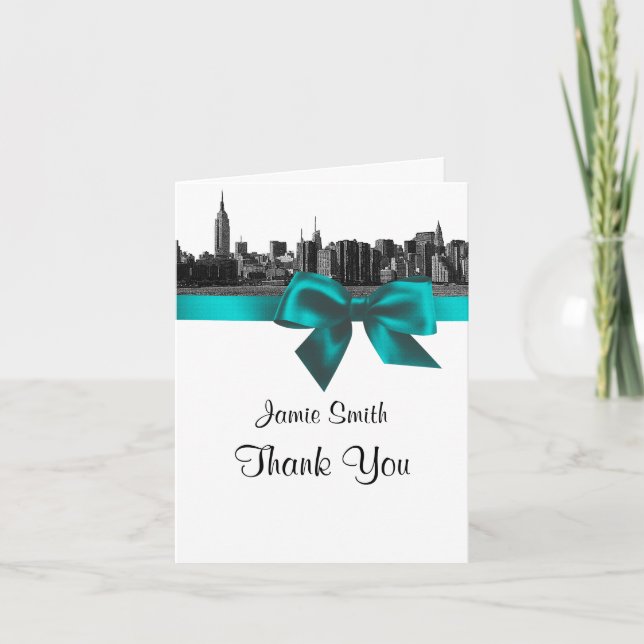 Carte De Remerciements NYC Wide Skyline BW Teal Thank You #2 (Devant)