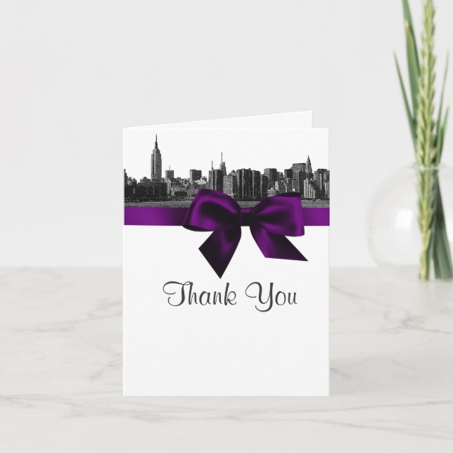 Carte De Remerciements NYC Wide Skyline Etched BW Purple Thank You (Devant)