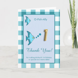 Carte De Remerciements O Fish Ally 1er Anniversaire Photo Gingham Bleu Ca