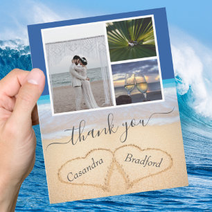 Carte De Remerciements Ocean Blue Tropical Beach Hearts in Sand Mariage