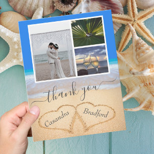 Carte De Remerciements Ocean Blue Tropical Beach Hearts in Sand Mariage