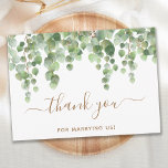 Carte De Remerciements Officier Mariage du script d'or Eucalyptus vert<br><div class="desc">Merci de nous avoir épousés ! Faites part de votre appréciation à votre officiant mariage avec cette verdure d'eucalyptus à la fois moderne et rustique, élégante carte de remerciements. Ces cartes de remerciement de mariage rustiques mais élégantes comprennent des feuilles de verdure d'eucalyptus aquarelle, un script d'or délicat sur blanc....</div>