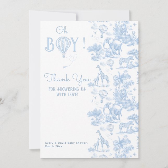 Carte De Remerciements Oh Boy Blue Toile Safari Baby shower animal (Devant)