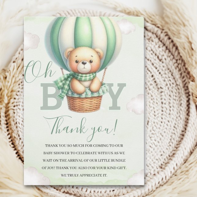 Carte De Remerciements Oh Boy,  Cute Green Bear Baby shower boy (Créateur téléchargé)