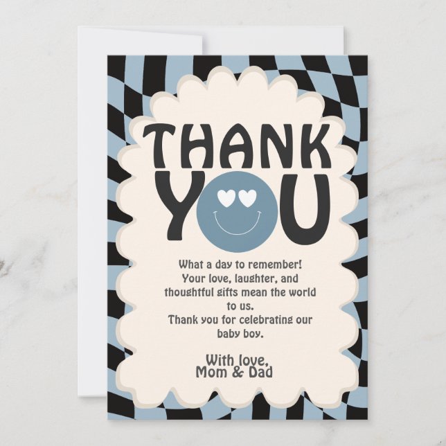 Carte De Remerciements Oh Boy! Modern Groovy Blue Happy Face Baby Shower (Devant)