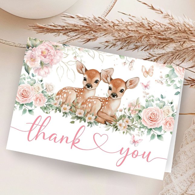 Carte De Remerciements Oh Deer Twin Girls Baby Shower Folded Thank You (Créateur téléchargé)