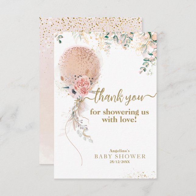 Carte De Remerciements Oh Fille Balloon rose Baby shower Floral Eucalyptu (Devant / Derrière)