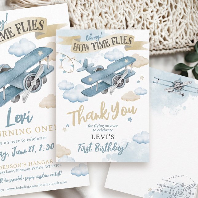 Carte De Remerciements Oh How Time Flies Airplane Blue Boy Birthday Party (Oh My How Time Flies neutral watercolor blue plane airplane pilot boy birthday party thank you card)