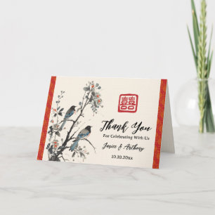 Carte De Remerciements Oiseau à fleurs rouge oriental mariage chinois