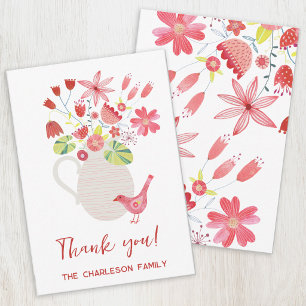 Carte De Remerciements Oiseau avec pichet de fleurs nom personnalisé