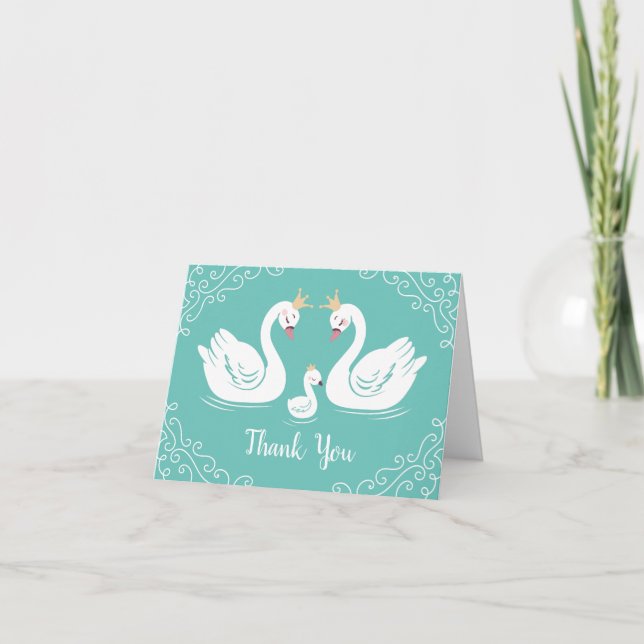 Carte De Remerciements Oiseau Baby shower de cygnes avec coEd de couronne (Devant)