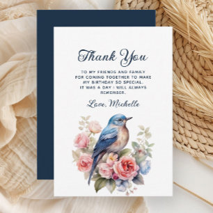 Carte De Remerciements Oiseau Bleu Élégant Fleurs Roses Anniversaire Merc