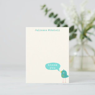 Carte De Remerciements Oiseau bleu turquoise mignon Nom personnalisé