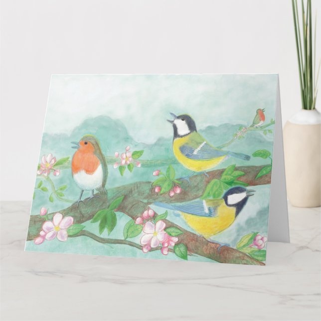 Carte De Remerciements Oiseaux chantant sur une branche d'arbre en fleurs (Devant)
