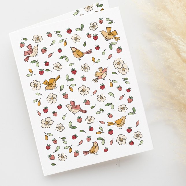 Carte De Remerciements Oiseaux de printemps et fraises à motifs floraux b (Créateur téléchargé)