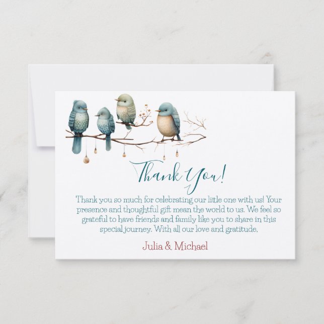 Carte De Remerciements Oiseaux de Whimsical sur Branches Baby shower Past (Devant)