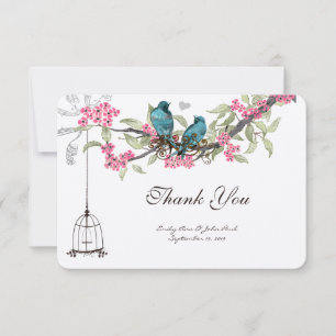 Carte De Remerciements Oiseaux Turquoise Fleurs de Cerisier Roses Cage à 