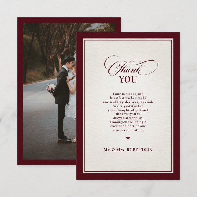 Carte De Remerciements Old Money Modern Formal Burgundy Luxury Wedding (Devant / Derrière)